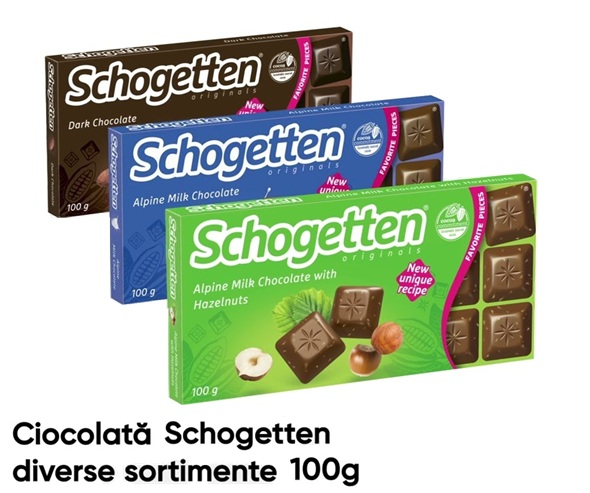 Schogetten – ciocolată în tablete cu arome delicioase, ideală pentru momente de răsfăț sau cadouri dulci.