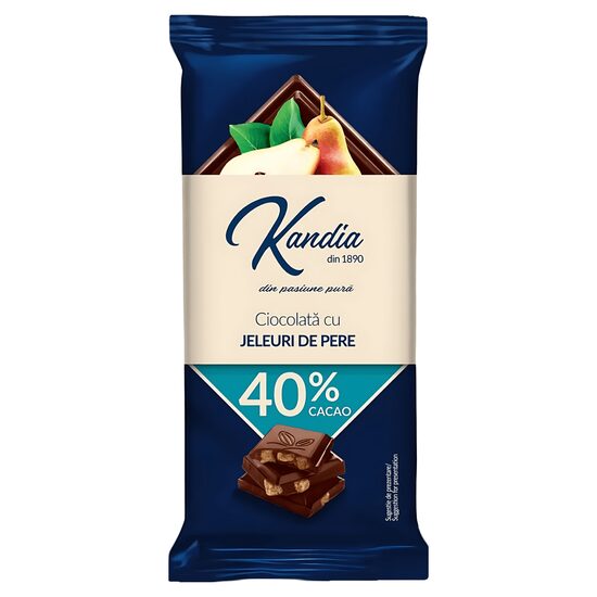 Tableta ciocolata dark 40% cu bucati de pere Kandia, 80 g