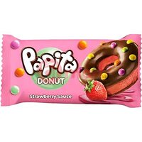 Prajitura cu glazura de crema ciocolata, sos de capsuni si drajeuri Papita Donut 40 g, 24 bucati