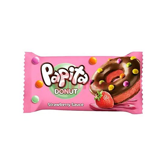 Prajitura cu glazura de crema ciocolata, sos de capsuni si drajeuri Papita Donut 40 g, 24 bucati