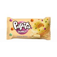 Prajitura cu glazura de crema ciocolata, sos de banane si drajeuri Papita Donut 40 g, 24 bucati
