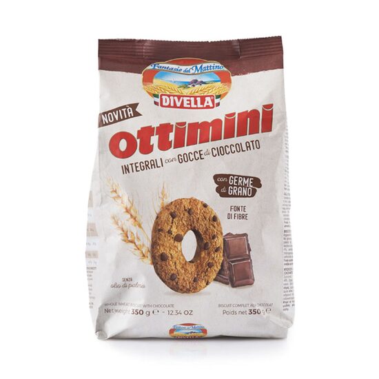 Biscuiti Ottimini Integrali cu fulgi de Ciocolata Divella, 350g