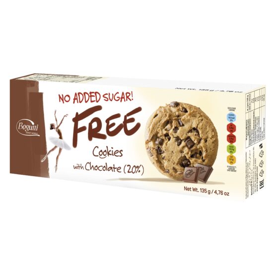 Biscuiti cu ciocolata 20% fara zahar adaugat Free Cookies American Bogutti 135 g, 12 bucati