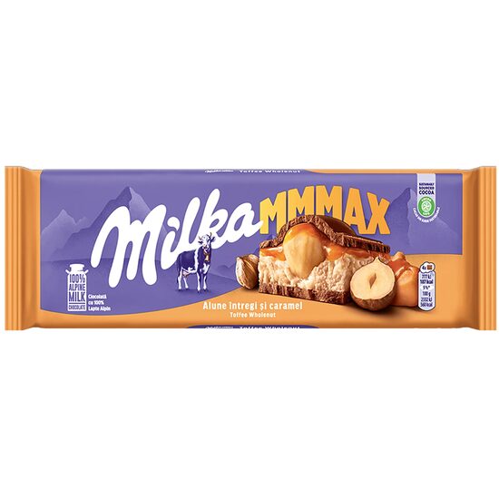 Ciocolata cu lapte alpin umpluta cu crema, alune intregi si caramel Milka 300g