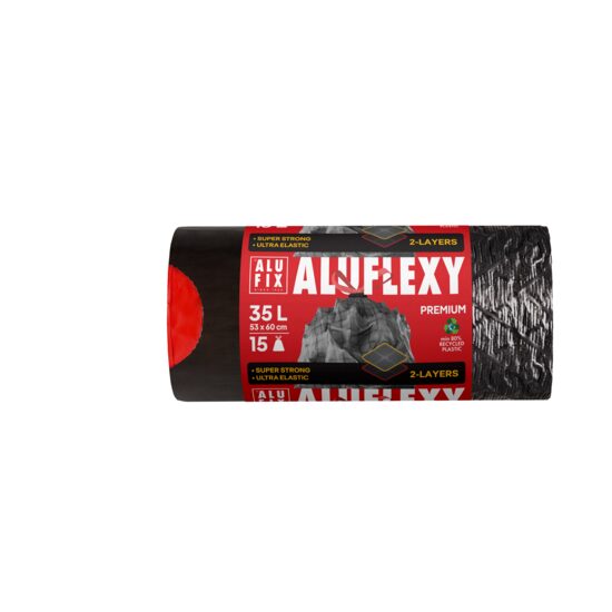 Saci menajeri gunoi Aluflexy, cu manere, elastici si rezistenti, negru, 3x60cm, 35 L, 15 buc