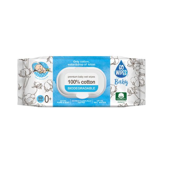 Servetele umede bebelusi, 100% bumbac  Go Wipes, capac, 50 buc