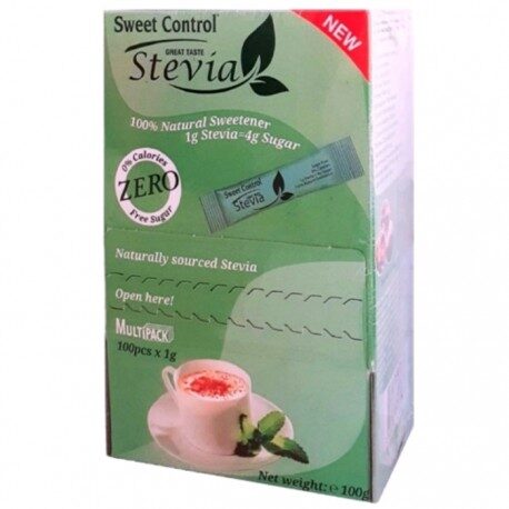 Indulcitor natural pe baza de extract de Sweet Control Stevia, 100 plicuri, 100 g