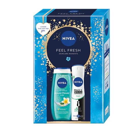 Set cadou Nivea: Gel de dus Frangipani & Oil, 250 ml + Deodorant spray Invisible for Black & White Fresh, 150 ml