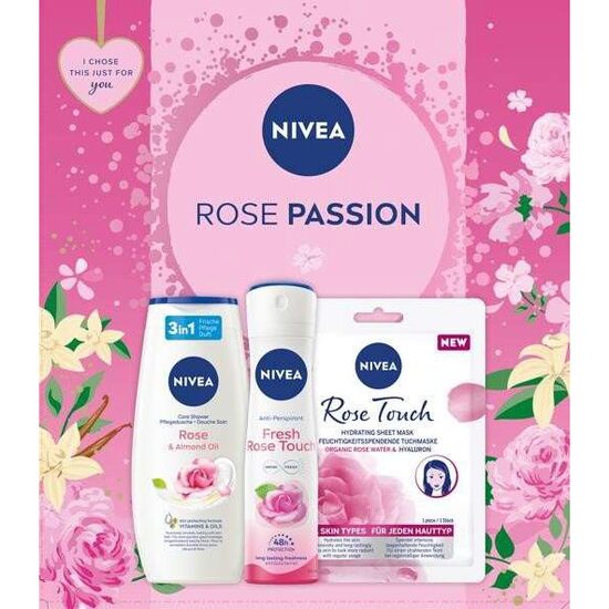 Set cadou Nivea Rose Passion: NIVEA Rose Water Masca servetel + NIVEA ROSE & ALMOND MILK Gel de dus 250ml + NIVEA Rose Touch Deodorant Spray 150ml limited edition