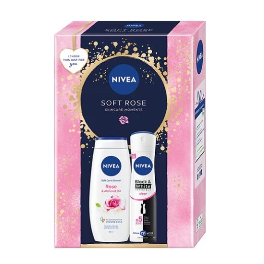 Set cadou Nivea: Gel de dus Trandafir & Ulei de migdale, 250 ml + Deodorant spray Invisible for Black & White Clear, 150 ml