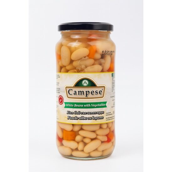 Fasole Albă Borcan Campese 540g cu Legume – Gata de Consum, Natural și Sănătos