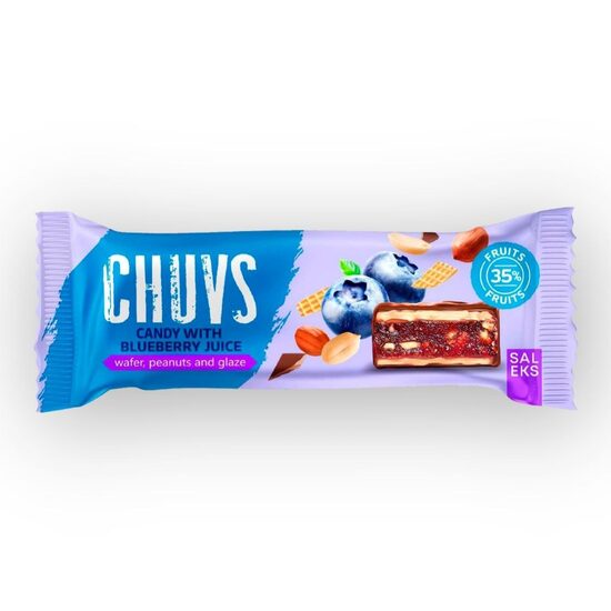 Baton glazurat din napolitane cu piure de mere, suc de afine și arahide prăjite Chuvs, 30g