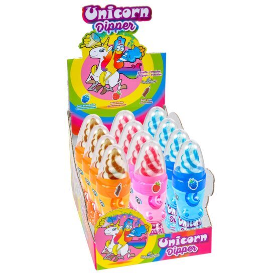 Funny Candy - Set 12 Acadele cu gust de fructe sau cola Funny Candy Unicorn Dipper 50g