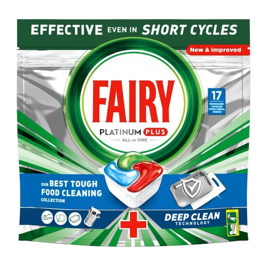 Tablete Fairy Platinum Plus All-in-One pentru mașina de spălat vase (17 capsule, Fresh Herbal Breeze)