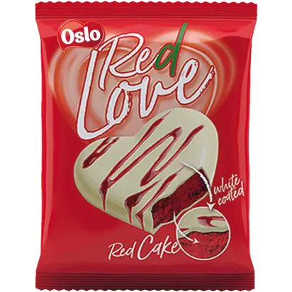 Red Love Oslo – prăjitură în formă de inimă cu glazură albă, 45 g