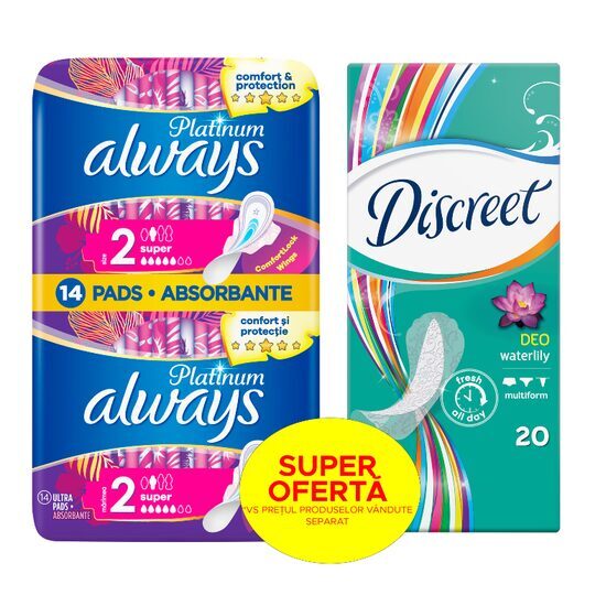 Pachet 10+1 GRATUIT: Absorbante Always Platinum Super, 14 buc + Absorbante zilnice Discreet Waterlily, 20 buc 