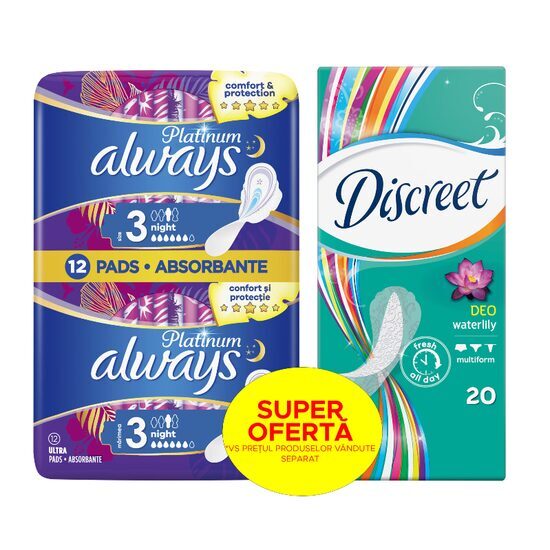 Pachet 10+1GRATUIT: Absorbante Always Platinum Night, 12 buc + Absorbante zilnice Discreet Waterlily, 20 buc - Copy