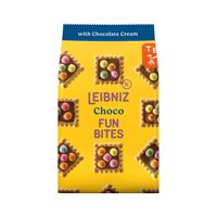 Biscuiti cu crema de ciocolata Leibniz Fun Bites, 100g, cu ciocolata neagra, 19% crema de ciocolata, 18% drajeuri