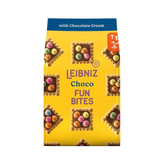 Biscuiti cu crema de ciocolata Leibniz Fun Bites, 100g, cu ciocolata neagra, 19% crema de ciocolata, 18% drajeuri