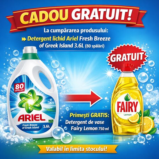 Pachet Detergent lichid Ariel Fresh Breeze of Greek Island, 3.6 l, 80 spalari + Detergent de vase Fairy Lemon, 750 ml GRATUIT