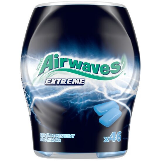 Pachet promo 1+ GRATUIT Airwaves Extreme guma de mestecat fara zahar cu arome de menta si eucalipt 46 buc/64 g, 24 tuburi