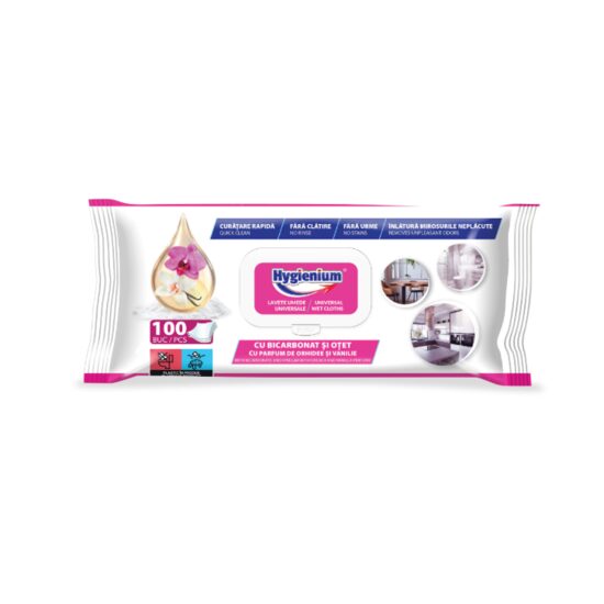 Servetele umede universale Hygienium, set 100 buc, 23x21, 5 cm, cu bicarbonat si otet, parfum orhidee si vanilie