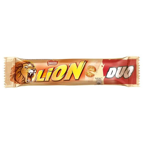 Baton cu interior cu caramel si napolitana, cu ciocolata cu lapte Lion White Duo, 60 g