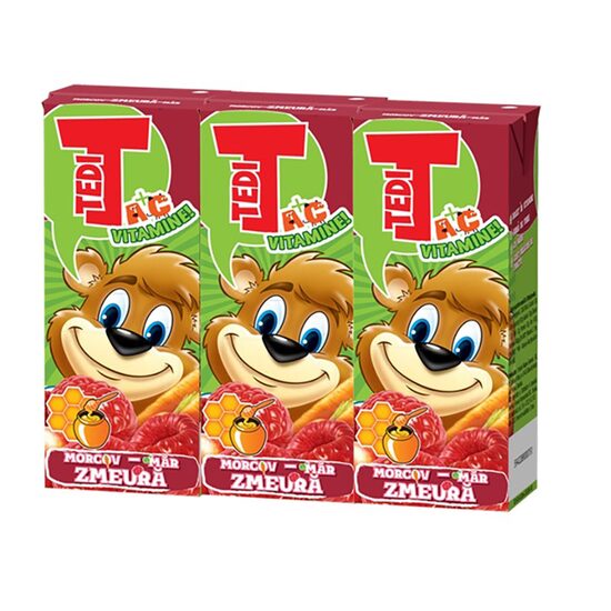Bautura necarbogazoasa cu morcov, mar si zmeura Tedi, 200 ml, set 3 bucati