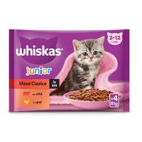 Hrana umeda pentru pisici Whiskas, Junior, selectii clasice in sos de carne, 4 x 85 g