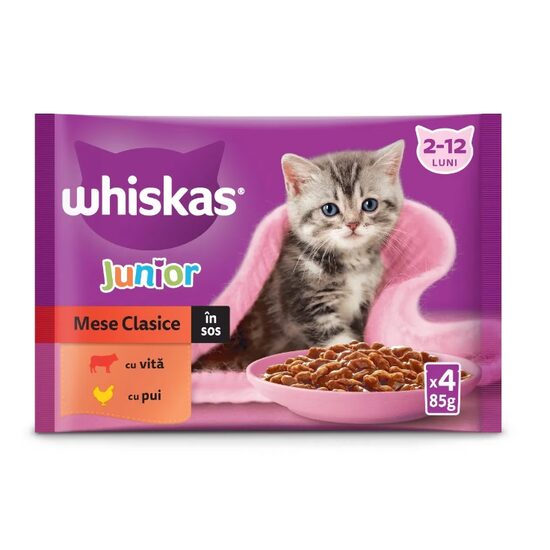 Hrana umeda pentru pisici Whiskas, Junior, selectii clasice in sos de carne, 4 x 85 g