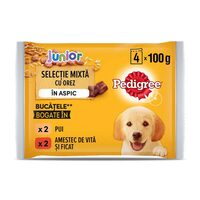 Hrana umeda pentru caini juniori Pedigree, selectie de carne cu orez in aspic, 4 x 100 g