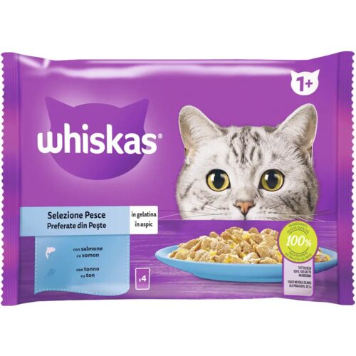 Hrană umedă pentru pisici Whiskas Adult cu somon și ton în aspic 4x85 g