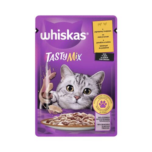 Hrană umedă pentru pisici Whiskas Adult Tasty Mix cu miel și curcan în sos 85 g