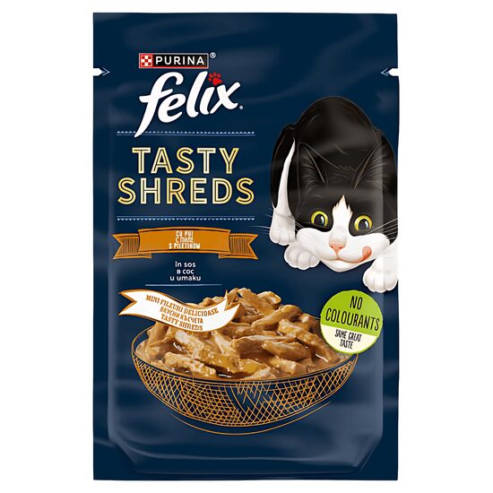 Hrana umeda pentru pisici Purina Felix Tasty Shreds, pui in sos, 80 g