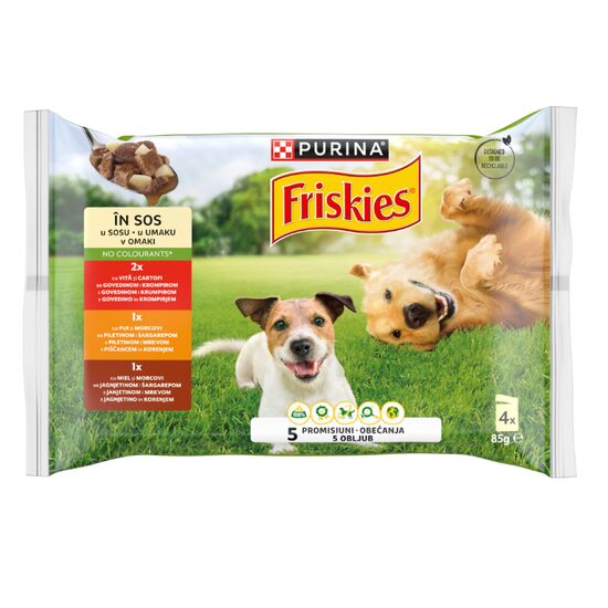 Hrana umeda pentru caini, PURINA® FRISKIES® Adult cu Pui si Morcovi, Vita si Cartofi, Miel si Morcovi in sos, 4 x85g
