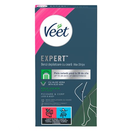 VEET Benzi depilatoare pentru corp, Aloe, pentru piele uscată, 6 seturi