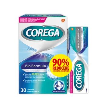 Pachet Adeziv pentru proteza Neutro 40g + Tablete efervescente Corega, 30 tablete, Haleon