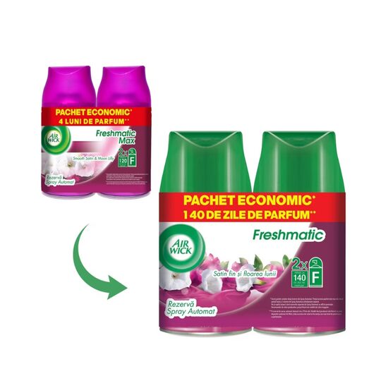 Rezerva odorizant camera Air Wick Freshmatic Smooth Satin & Moon Lily Duo Pack, 2x250 ml