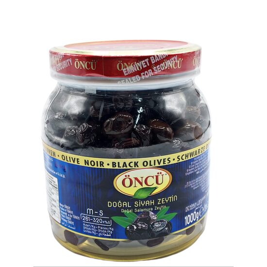 Oncu Black Olives masline negre deshidratate, cu samburi, conservate in ulei de porumb (M-S) 261-320 , borcan , 1000g