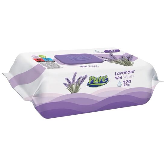 Șervețele umede PURE pentru suprafețe, parfum de lavandă, cu capac, 120 buc