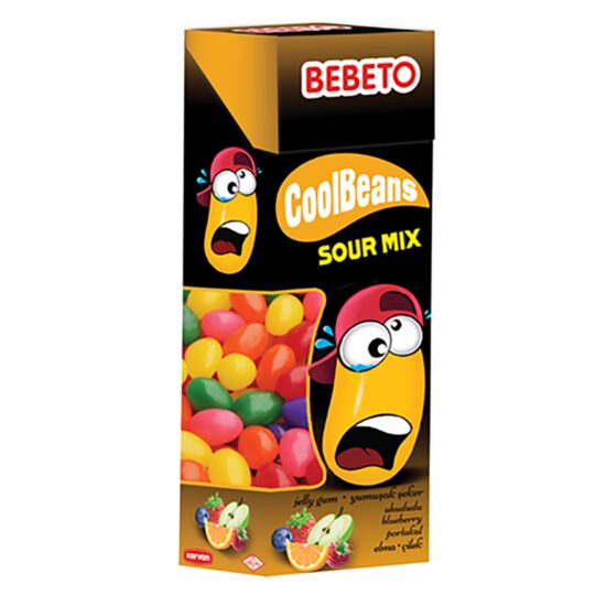 Jeleuri beans sour mix cu aroma fructata, 12 buc x 30 g, Bebeto