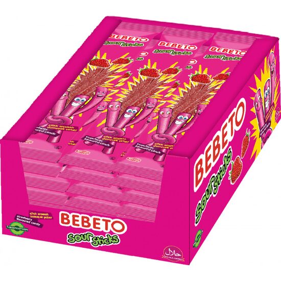 Bebeto Sour Stick Jeleuri cu aromă de căpșuni 30 g – Jeleuri gumate acre cu gust intens de căpșuni, 24 buc.