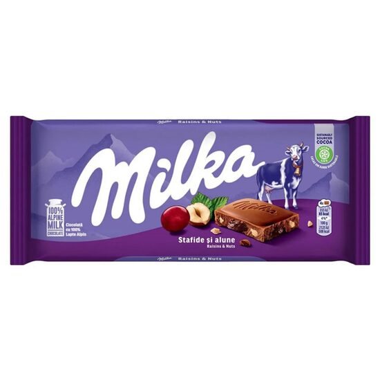 Milka Ciocolata lapte, stafide si alune 90g