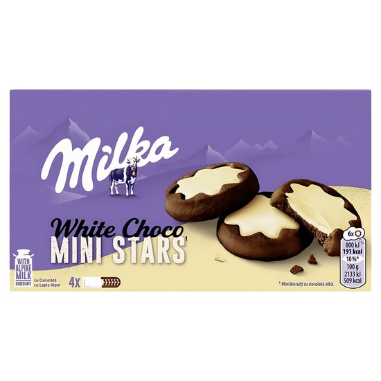 Biscuiti cu ciocolata alba Milka Choco Mini Stars, 150 g
