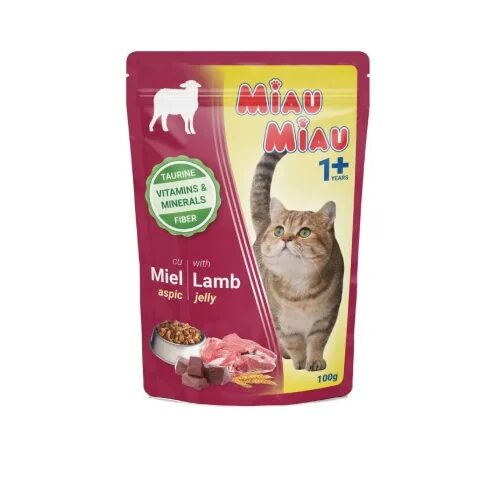 Hrana umeda pentru pisici Miau Miau cu miel in aspic 100 g