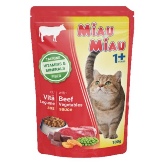 Miau, Miau, hrana umeda pentru pisici, vita&legume in sos, 100 g